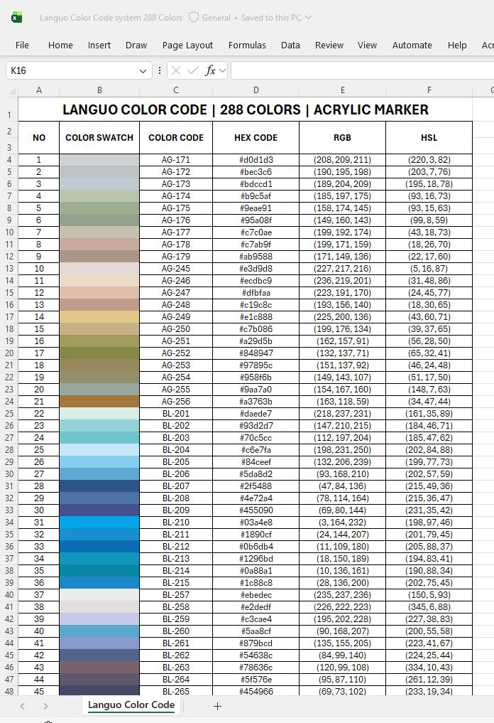 Languo Acrylic Marker Color Code Chart | 288 Colors | Excel File | HEX ...