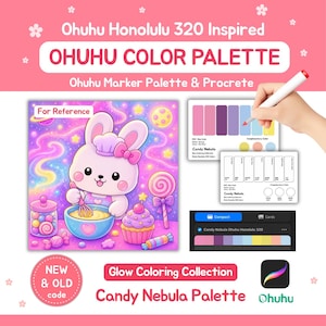 May include: A digital color palette reference sheet for Ohuhu Honolulu 320 markers featuring a cartoon rabbit baking in a nebula-themed kitchen. Includes color swatches, a Procreate icon, and text labels for the Candy Nebula collection.