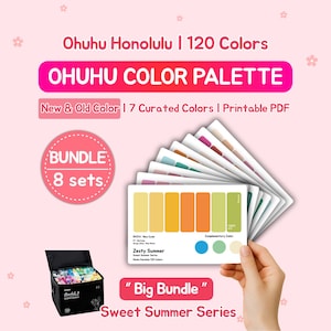 Puede incluir: Un conjunto de paletas de colores con el texto "Ohuhu Color Palette" y "Big Bundle Sweet Summer Series". La imagen muestra un conjunto de marcadores, muestras de color y una mano sosteniendo una tarjeta de paleta de colores. El paquete incluye 8 juegos.