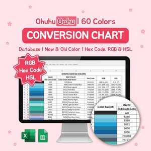 May include: A digital conversion chart for Ohuhu Oahu 60 Colours, displaying colour names, old colour codes, hex codes, RGB, and HSL values. The chart is on a computer screen, with a colour swatch and spreadsheet visible.