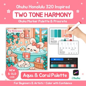 Puede incluir: Una hoja de referencia digital para marcadores Ohuhu Honolulu 320 con una ilustración de un conejo en una bañera con un gato, junto a tarjetas de muestras de color en tonos aqua y coral, un marcador y una interfaz de paleta Procreate.