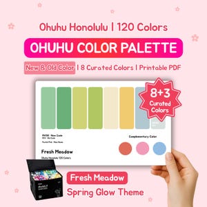 May include: A color palette with the text "OHUHU COLOR PALETTE" and "Fresh Meadow Spring Glow Theme". The palette features a range of green, yellow, and pastel colors, with a complementary color section. A black case of markers is also shown.