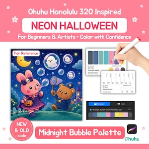 May include: Ohuhu Honolulu 320 Inspired Neon Halloween Midnight Bubble Palette featuring a digital illustration of a pink rabbit and brown bear in costumes, color swatch cards, and a digital interface showing color codes for artists.