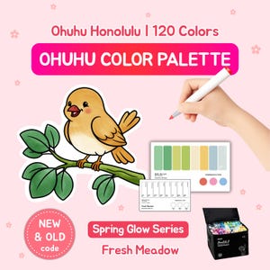 Op de afbeelding: Een roze achtergrond met een cartoonvogel op een tak, een kleurenpalet en een doos met stiften. De tekst luidt "Ohuhu Color Palette" en "Spring Glow Series Fresh Meadow". Een hand houdt een stift vast.