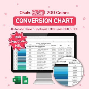 May include: A computer monitor shows a colour conversion chart for Ohuhu Oahu 200 Colours. The chart includes colour codes, names, hex codes, RGB, and HSL values. A colour swatch is shown on the right.