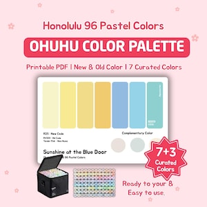 May include: A pastel color palette with the text "Honolulu 96 Pastel Colors" and "OHUHU COLOR PALETTE". The image includes a color chart, a case of markers, and a grid of markers. The text "Sunshine at the Blue Door" is also present.
