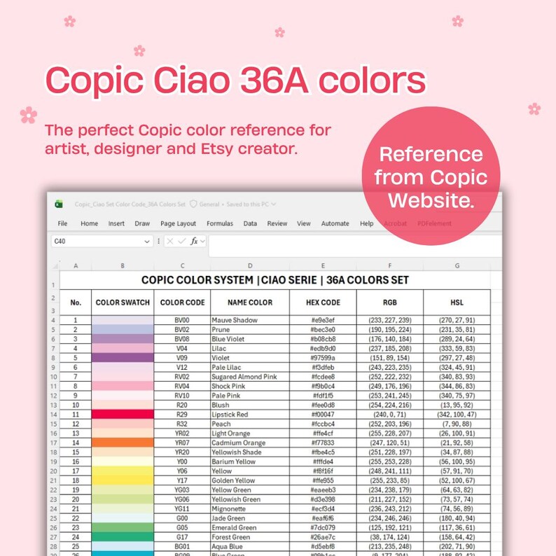 Copic Color Code Chart 36A Colors | Ciao Set | Excel Database HEX RGB ...