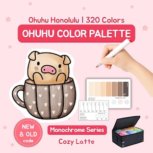 May include: A pink background features a pig illustration in a mug, a hand holding a marker, and a black case of markers. Text reads "Ohuhu Color Palette" and "Cozy Latte". The palette includes 320 colors.