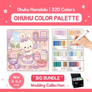 May include: Ohuhu Honolulu 320 Colours Ohuhu Colour Palette Big Bundle Wedding Collection. An illustration of a white rabbit baking a cake in a kitchen, alongside eight colour swatch cards and a black carrying case for alcohol markers.