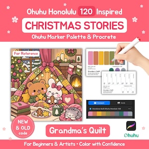 Puede incluir: Ohuhu Honolulu 120 Inspired CHRISTMAS STORIES Ohuhu Marker Palette & Procreate Grandma's Quilt. Una ilustración digital de un oso y un conejo en un fuerte de mantas con un gato, galletas de jengibre y una chimenea. Incluye muestras de color.