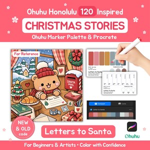 Könnte beinhalten: Ein digitaler Kunst-Referenzleitfaden mit dem Titel Ohuhu Honolulu 120 Inspired Christmas Stories, der einen Cartoon-Bären zeigt, der einen Brief an den Weihnachtsmann schreibt. Enthält Farbpaletten für Marker und Procreate sowie einen Briefkasten.