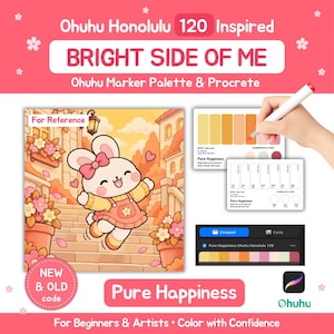 Könnte beinhalten: Ohuhu Honolulu 120 inspirierter Farbpaletten-Leitfaden mit dem Titel Bright Side of Me. Enthält eine Cartoon-Hasen-Illustration, eine Farbmusterkarte mit Orange- und Gelbtönen, eine digitale Benutzeroberfläche und einen Marker zum Ausfüllen der Farbfelder.