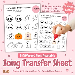 May include: Two sheets of Halloween-themed icing transfer sheets with skull, bat, pumpkin, and ghost designs. One sheet is being decorated with a red and white icing bottle. The text reads "Royal Icing Transfer Sheet" and "Make every cookie magical with our cozy collection."