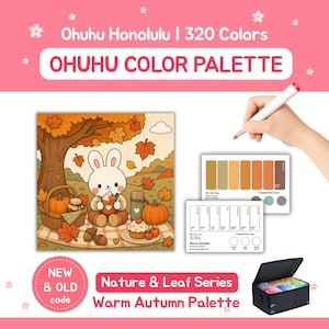 May include: An Ohuhu color palette with 320 colors, featuring a "Warm Autumn Palette" theme. The image includes a cartoon illustration of a bunny, pumpkins, and autumn leaves. The text reads "Ohuhu Honolulu | 320 Colors" and "Nature & Leaf Series".
