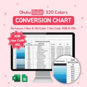 May include: A computer monitor shows a colour conversion chart for Ohuhu Oahu 320 Colours. The chart includes colour codes, names, hex codes, RGB, and HSL values. A colour swatch is also visible, with the text "RGB Hex Code HSL".