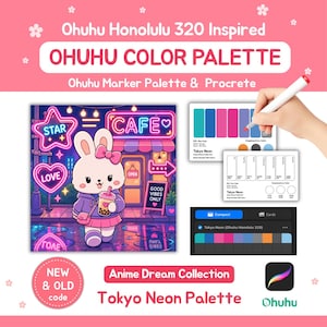 Pode incluir: Um guia de paleta de cores digital para marcadores Ohuhu Honolulu 320 com uma ilustração de um coelho em frente a um café neon. Inclui amostras de cores, uma interface Procreate e o texto Ohuhu Color Palette e Tokyo Neon Palette.