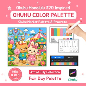以下が含まれることがあります： Procreate用Ohuhu Honolulu 320カラーパレット。クマとウサギのカーニバルのイラスト、カラー見本カード、デジタルパレットインターフェースが含まれており、4th of July Collection Fair Day Paletteというテキストが記載されています。