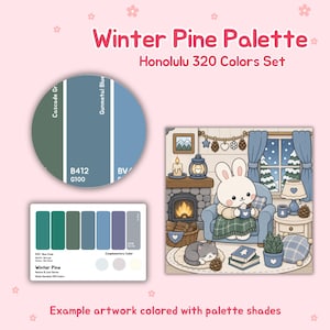 May include: An illustration of a Winter Pine color palette with a Honolulu 320 Colors Set. The image includes a color wheel, a color palette, and an example artwork. The artwork shows a bunny in a cozy room with a fireplace.