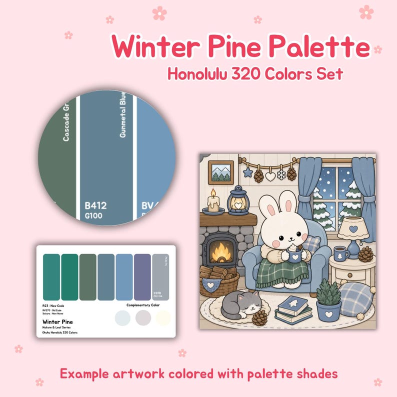 May include: An illustration of a Winter Pine color palette with a Honolulu 320 Colors Set. The image includes a color wheel, a color palette, and an example artwork. The artwork shows a bunny in a cozy room with a fireplace.