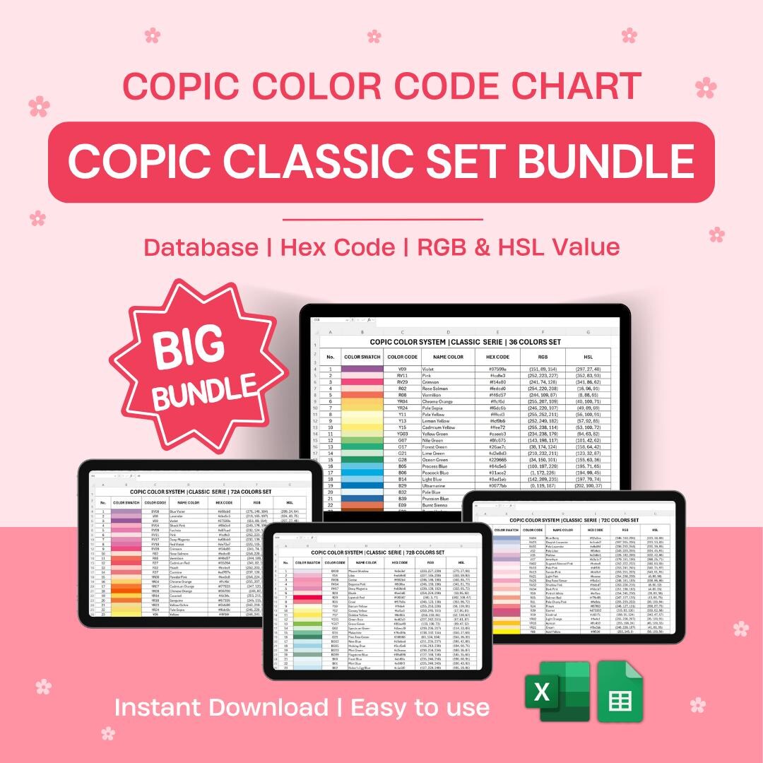 Copic Color Code Chart Bundle | Classic Set | Excel Database HEX RGB ...