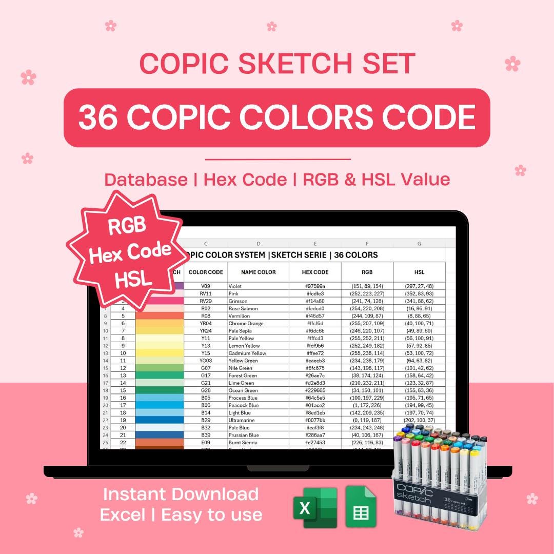 Copic Color Code Chart 36 Colors | Sketch Set | Excel Database HEX RGB ...