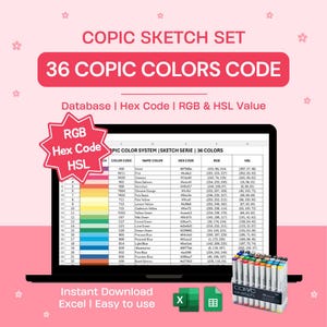 Copic-kleurencodekaart 36 kleuren | Schetsset | Excel-database HEX RGB HSL-waarde: