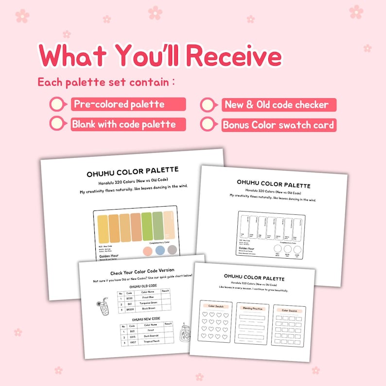 May include: A collection of printed paper sheets with the text "What You'll Receive" and "OHUHU COLOR PALETTE". The sheets include color palettes, a code checker, and a color swatch card. The color palette includes shades of yellow, orange, and green.