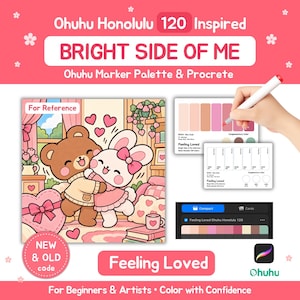 Könnte beinhalten: Ein digitaler Farbpaletten-Leitfaden mit dem Titel Feeling Loved, der eine Cartoon-Illustration eines braunen Bären und eines weißen Kaninchens beim Umarmen zeigt, sowie Farbmusterkarten, einen Marker und eine Benutzeroberfläche für Ohuhu Honolulu 120.