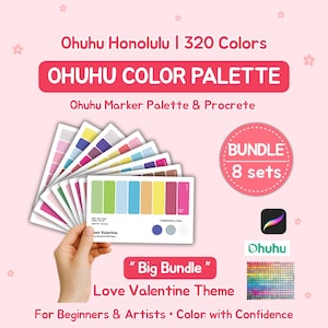 May include: Ohuhu Honolulu 320 Colors palette bundle featuring 8 sets for markers and Procreate. The display shows a fan of color swatch cards with various hues, a pink circular bundle badge, the Ohuhu logo, and a grid of color samples.