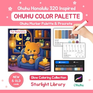 Peut inclure: Une fiche de référence de palette de couleurs numériques pour les marqueurs Ohuhu Honolulu 320, présentant un ours en dessin animé lisant dans une bibliothèque, des cartes d'échantillons de couleurs et une icône Procreate sur fond rose.