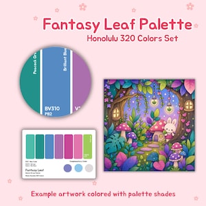 May include: A Fantasy Leaf Palette set with Honolulu 320 Colors. The image includes a color palette, a color wheel, and an example artwork of a fantasy scene with a bunny and mushrooms. The color palette includes shades of green, blue, and pink.
