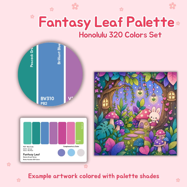 May include: A Fantasy Leaf Palette set with Honolulu 320 Colors. The image includes a color palette, a color wheel, and an example artwork of a fantasy scene with a bunny and mushrooms. The color palette includes shades of green, blue, and pink.