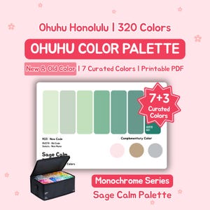 May include: A promotional image for Ohuhu Honolulu color palettes. The image features a color palette with sage green hues, a black carrying case filled with markers, and the text "OHUHU COLOR PALETTE" and "Sage Calm Palette".