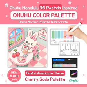 May include: Ohuhu Honolulu 96 Pastels Inspired OHUHU COLOR PALETTE Ohuhu Marker Palette & Procrete. A digital illustration of a rabbit drinking cherry soda at a table, alongside colour swatch cards for the Cherry Soda palette with pastel tones.