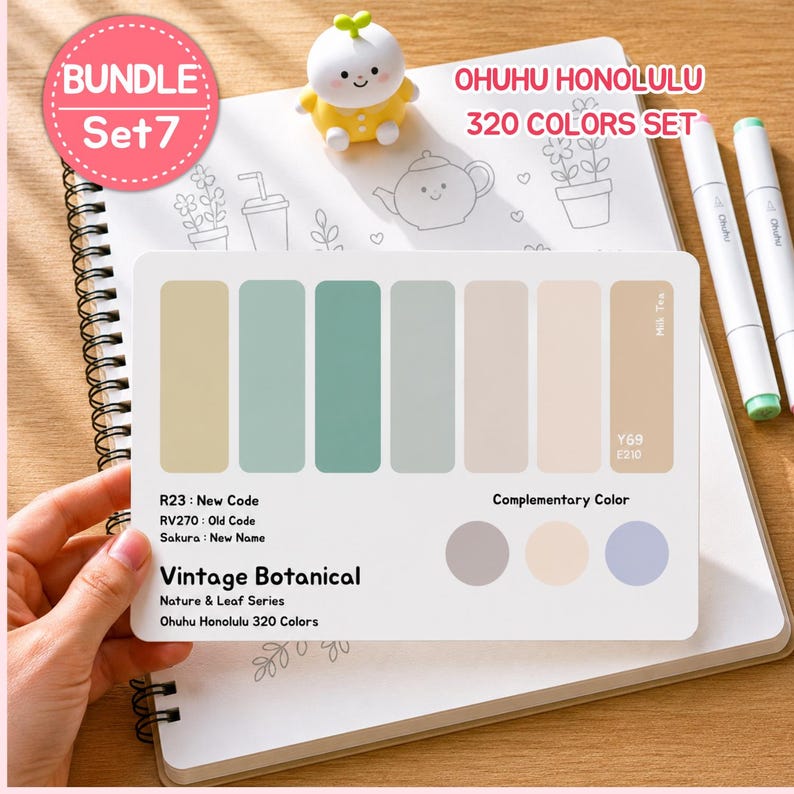 May include: A set of Ohuhu Honolulu 320 Colors markers with a Vintage Botanical color palette. The image shows a color chart with various shades of green, beige, and brown. A small yellow figurine and two white markers are also visible.