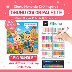 以下が含まれることがあります： OhuhuマーカーとProcreate用のデジタルカラーパレットバンドル。自転車に乗ったウサギとクマの漫画イラストが描かれています。画像にはカラー見本、Ohuhuのロゴ、Ohuhu Honolulu 120 Inspiredというテキストが含まれています。