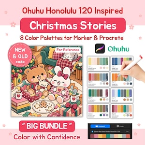 May include: A digital color palette bundle titled Ohuhu Honolulu 120 Inspired Christmas Stories. It includes an illustration of a bear and rabbit with gifts, eight color swatch sets for markers and Procreate, and a digital interface display.