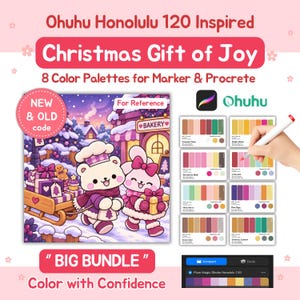 Könnte beinhalten: Ein digitales Farbpaletten-Set für Marker und Procreate mit dem Titel Ohuhu Honolulu 120 Inspired Christmas Gift of Joy. Es enthält eine Illustration eines Bären und Hasen in einer verschneiten Stadt, acht Farbkarten und eine Software-Oberfläche.