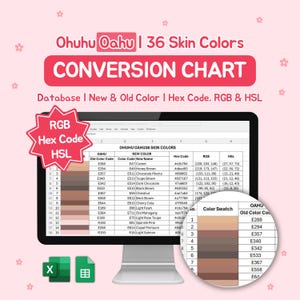 May include: A computer monitor shows a conversion chart for Ohuhu Oahu skin colours, including hex codes, RGB, and HSL values. The chart lists old and new colour codes with colour swatches, useful for digital art and design.