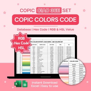 Copic Color Code Chart 36E Colors | Ciao Set | Excel Database HEX RGB HSL Value