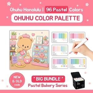 Può includere: Una tavolozza di colori Ohuhu con 96 colori pastello. L'immagine presenta un orso dei cartoni animati in un panificio, campioni di colore e un pennarello. Il testo include "Ohuhu Color Palette" e "Pastel Bakery Series".