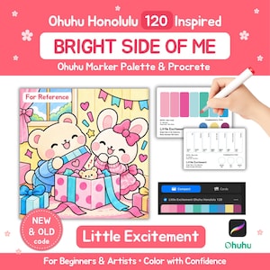 Könnte beinhalten: Ein digitaler Farbpaletten-Leitfaden mit dem Titel Ohuhu Honolulu 120 Inspired Bright Side of Me Little Excitement. Er enthält eine Cartoon-Illustration eines Bären und eines Hasen, die ein Geschenk öffnen, Farbmusterkarten und eine digitale Benutzeroberfläche für Procreate.