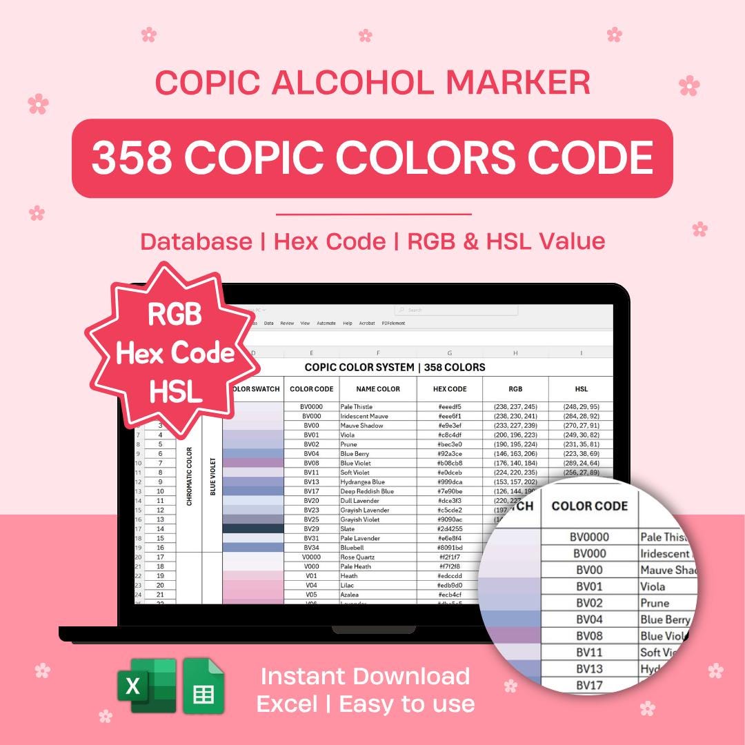 Copic Color Code Chart 358 Colors | Excel Database RGB HSL HEX | Color ...