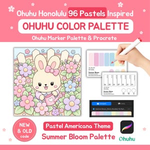 May include: Ohuhu Honolulu 96 Pastels Inspired OHUHU COLOR PALETTE Ohuhu Marker Palette & Procrete. A digital illustration of a rabbit with a pink watering can surrounded by pastel flowers, alongside colour swatch cards and a digital palette interface.
