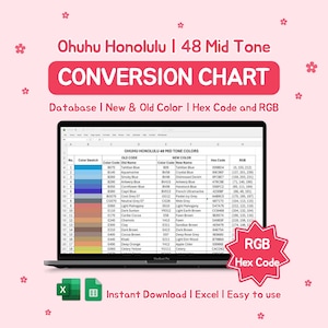 Puede incluir: Una computadora portátil muestra una tabla de conversión de color para los colores Ohuhu Honolulu 48 Mid Tone. La tabla incluye códigos de color antiguos y nuevos, nombres, códigos hexadecimales y valores RGB. La imagen también presenta iconos de Excel y X, con el texto "Descarga instantánea | Excel | Fácil de usar."