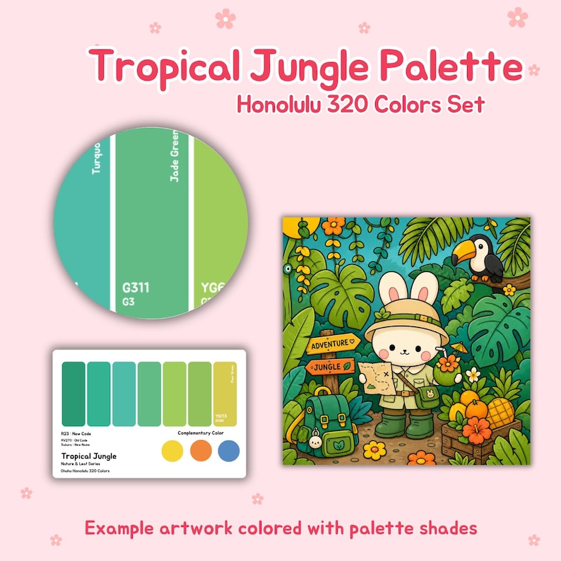 May include: A Tropical Jungle Palette set with Honolulu 320 Colors. The image includes a color palette, a cartoon illustration of a bunny explorer, and the text "Adventure Jungle". The color palette features shades of turquoise, jade green, and yellow.