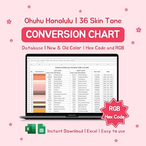 Może przedstawiać: Laptop wyświetla tabelę konwersji odcieni skóry z napisem "Ohuhu Honolulu | 36 Skin Tone Conversion Chart." Tabela zawiera kody kolorów, nazwy, kody szesnastkowe i wartości RGB. Obraz zawiera również tekst "Instant Download | Excel | Easy to use."
