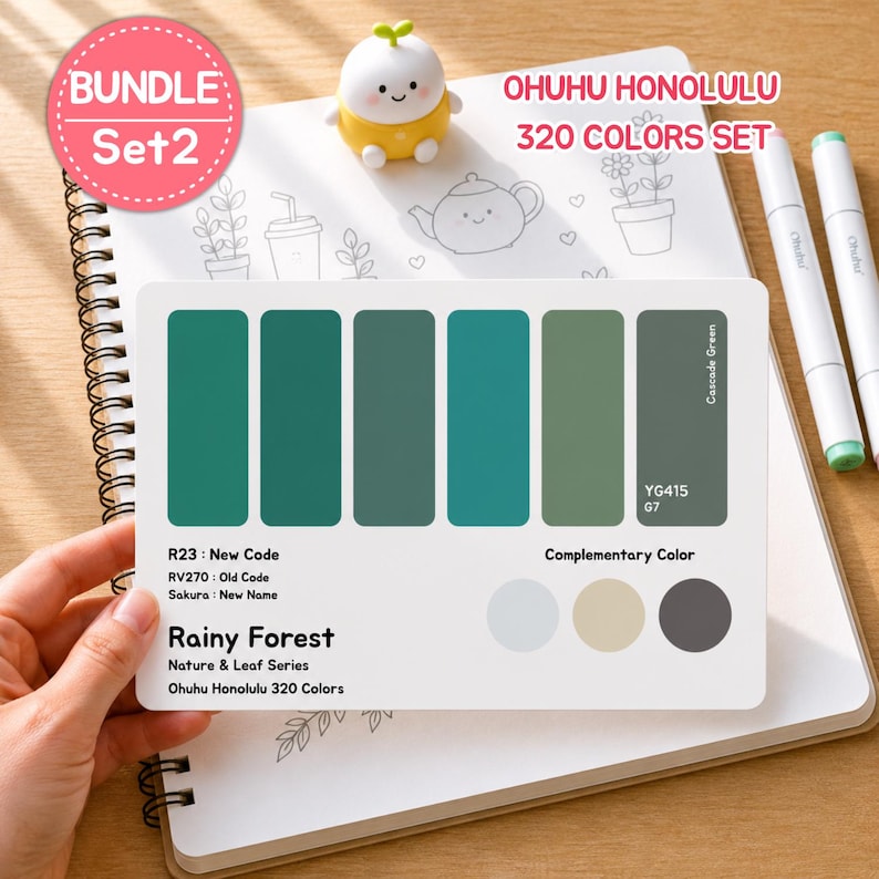 May include: A color palette card from the Ohuhu Honolulu 320 Colors Set, featuring shades of green. The card includes the text "Rainy Forest" and color codes. Two white markers and a small yellow figurine are also visible.