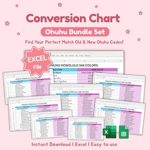 Pode incluir: Um gráfico rosa com o texto "Conversion Chart Ohuhu Bundle Set" e várias folhas de cálculo. As folhas de cálculo exibem códigos e nomes de cores. A imagem também inclui o texto "Instant Download | Excel | Easy to use."