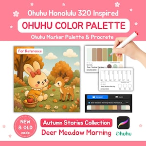 May include: Ohuhu Honolulu 320 inspired color palette for the Autumn Stories collection titled Deer Meadow Morning. Includes a digital illustration of a rabbit and deer in a forest, two white reference cards with color swatches, and a Procreate icon.